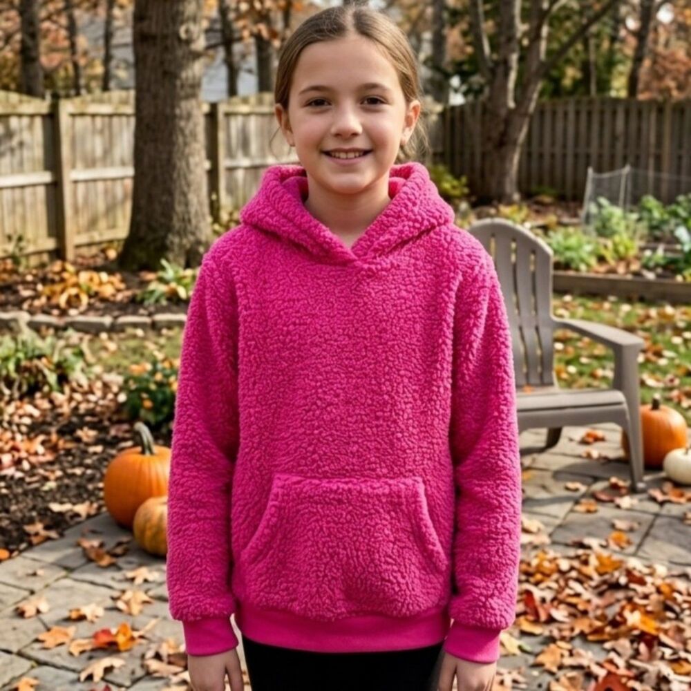 Jumping Beans Girls Fuzzy Sherpa Pullover Hoodie Hot Pink Cozy - Size 12